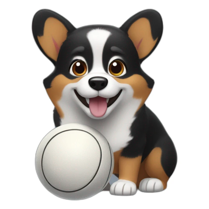 Black corgi Pixar style with a Big tenis ball sticker