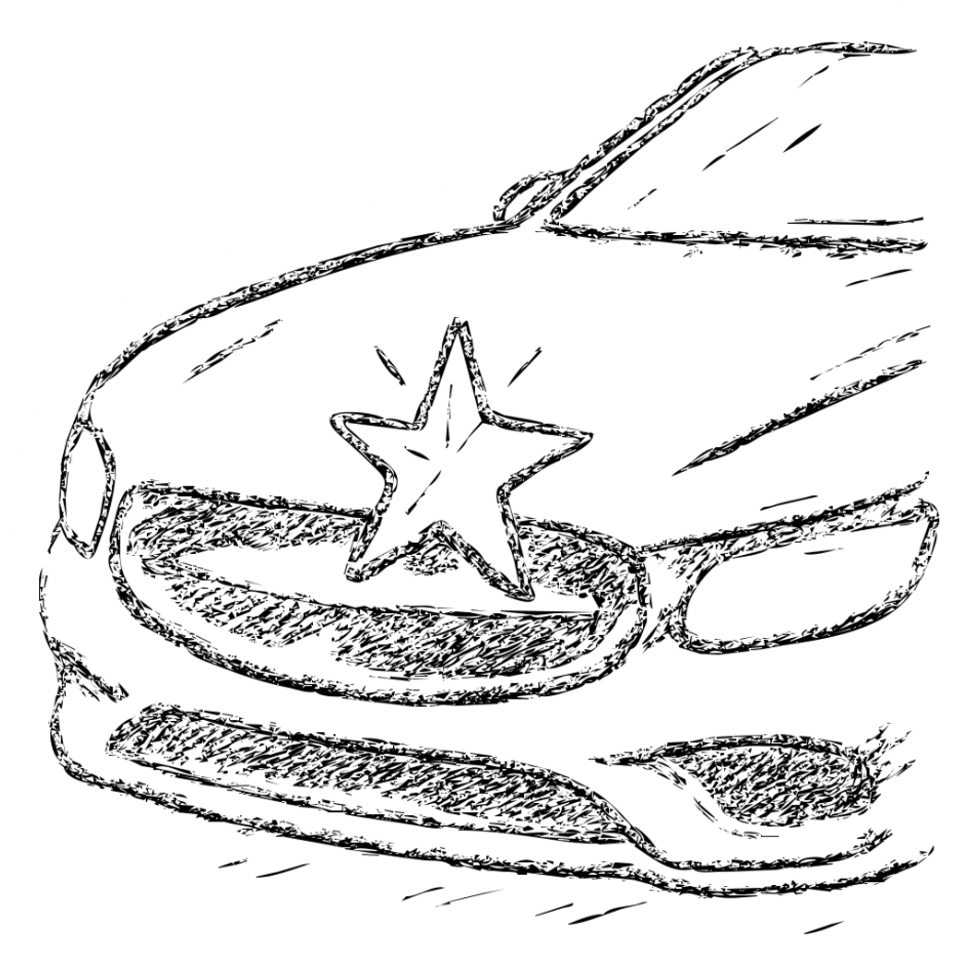 hand-drawn outlined icon of a bright star on a glossy black car surface, subtle reflections, gold or silver details, clean and modern sticker