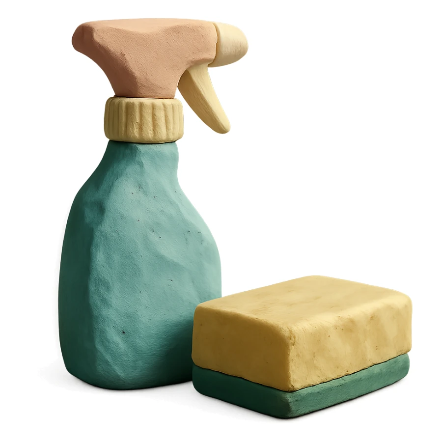 spray bottle and sponge in claymation style, pastel colors, visible fingerprints sticker