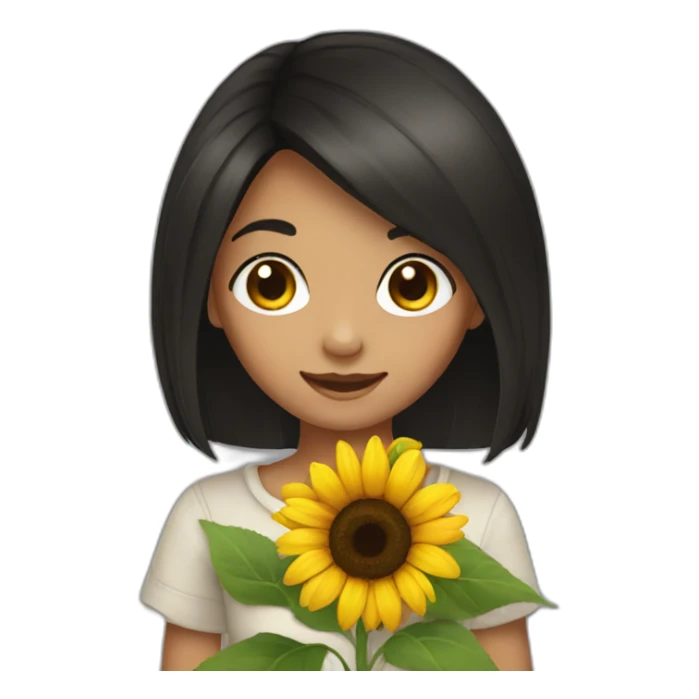 black hair brown eyed girl holding sunflower sticker