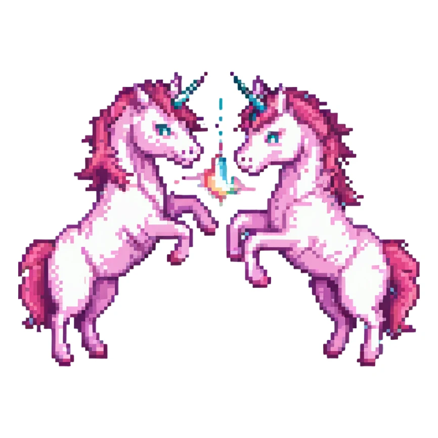 two pink unicorns fighting, pixel art style, retro, colorful sticker