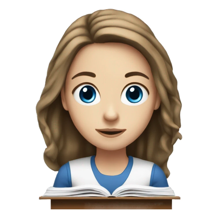 white girl studying at desk, brown hair, blue eyes, computer sticker