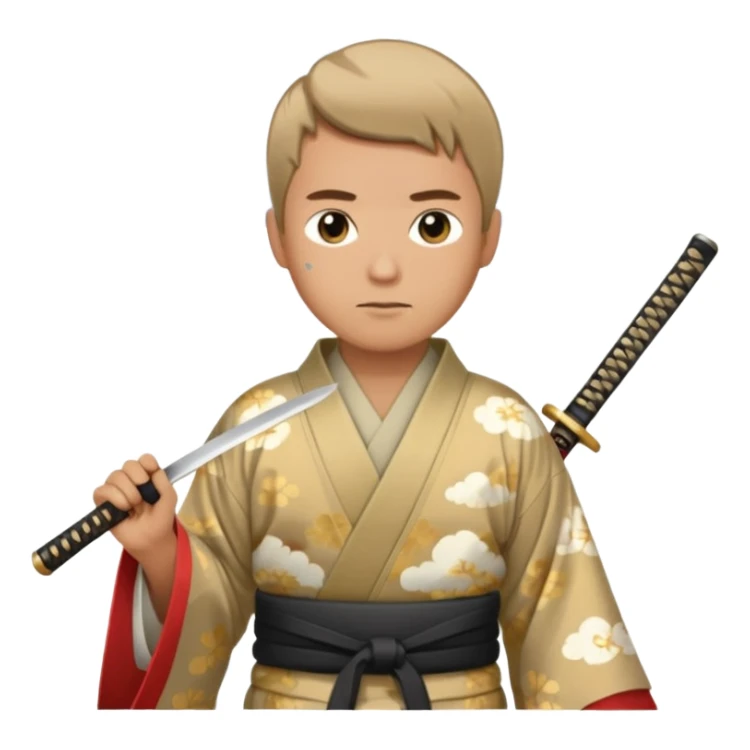 Tan and short haired man in kimono with cloud print holding katana sticker