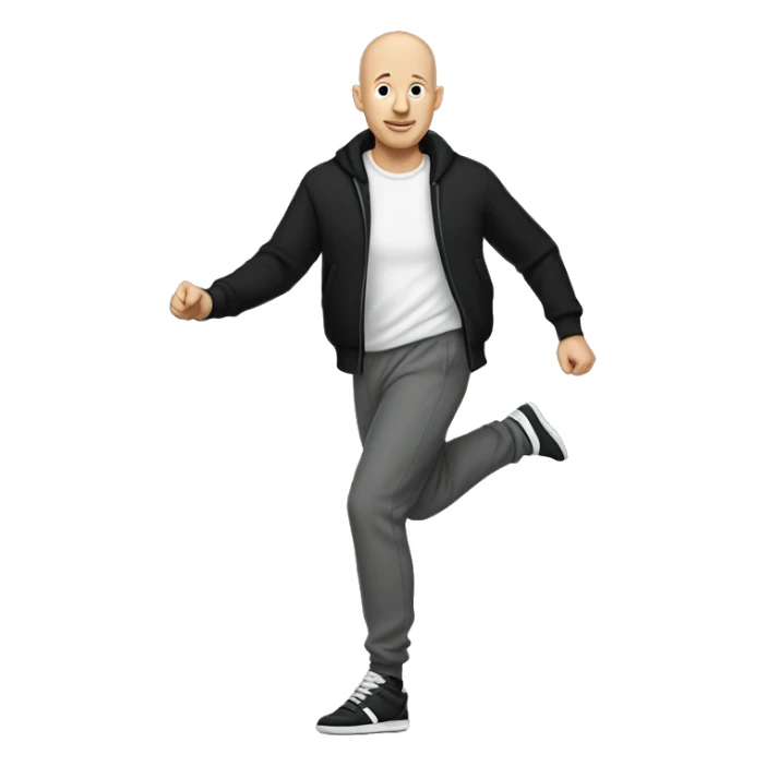 a bald white man, with a black sweater and gray jogging pants and dancing shoes sticker