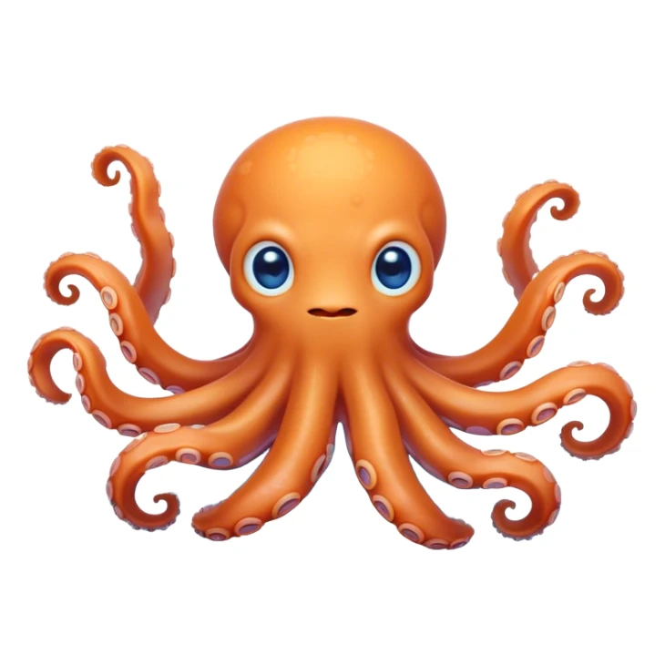Cinematic Cute Octopus Portrait Emoji, Head tilted playfully and inquisitively, featuring a rounded, light orange body embellished with playful blue rings, eight adorably curling arms, and big, twinkling eyes full of wonder, Simplified yet irresistibly adorable features, highly detailed, glowing with a warm, inviting underwater glow, high shine, affectionate and lively, stylized with a touch of whimsical cartoon charm, soft glowing outline, capturing the essence of a mischievous yet loving octopus that seems as if it could bob out of the screen into your arms! sticker