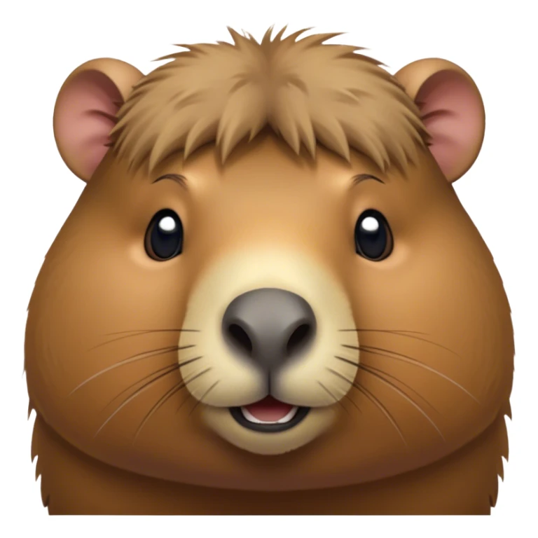Cinematic Cute Capybara Portrait Emoji, Head tilted playfully and inquisitively, with a delightfully fluffy, rounded form and a distinctively endearing capybara face marked by a short snout and petite ears, accented by luxuriously soft fur in warm earthy tones and bright, sparkling eyes full of charm; rendered with intricate, realistic detail and natural highlights, high shine, affectionate and lively, styled with a touch of whimsical cuteness, soft glowing outline, capturing the essence of a mischievous yet loving capybara that seems poised to tumble playfully into your arms! sticker