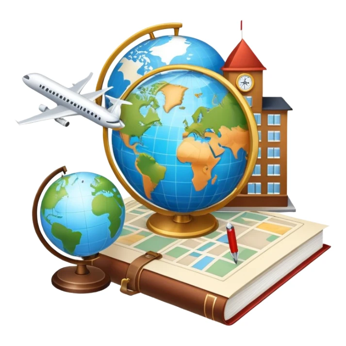 An icon featuring a hotel building, and a globe, symbolizing the scientific study of tourism and hospitality. The design includes a map, a plane and train, a compass, and a checklist, representing travel planning and service management. Transparent background sticker