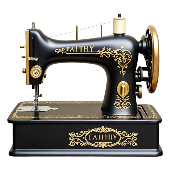A stylish and elegant 3D logo design featuring a vintage sewing machine in a metallic black and gold finish. The sewing machine is detailed with realistic knobs, thread spools, and intricate parts, giving it a classic and luxurious feel. Engraved on the body of the sewing machine is the text "Faithy Stitches" in a sleek, elegant font. Below the machine, the brand name "Faithy Stitches" is prominently displayed in large, flowing cursive gold letters, with a tagline underneath that reads "STYLES IN ELEGANCE" in uppercase, modern serif font. The entire logo is set against a smooth, softly-lit background, giving it a professional, high-end appearance suitable for a fashion or tailoring brand. sticker