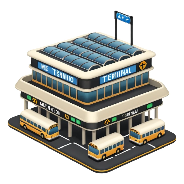 A 3D cartoon bus terminal with multiple buses parked, roofed structure, and directional signs, Memoji-style. sticker