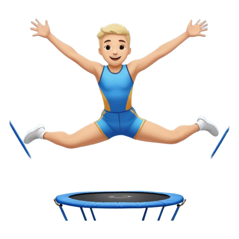 A joyful person mid-air, bouncing high on a trampoline with dynamic motion lines. Their body is stretched in an acrobatic pose, arms wide, legs bent. The scene is full of energy, with a bright blue sky and a fun, playful atmosphere representing excitement and agility. sticker