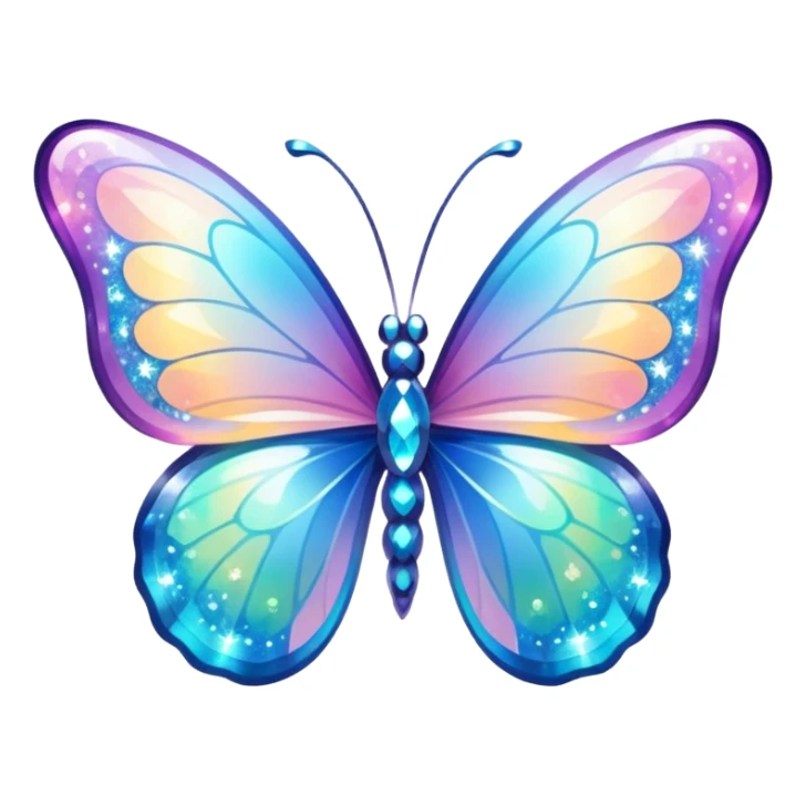 Transparent Shiny Glossy Pastel Gradient Hue Iridescent Crystal Butterfly with bright sparkles and sparkling glitter swirling around it sticker