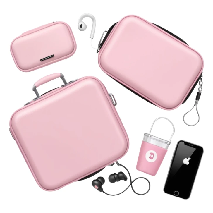 Travel accessories flatlay: pastel pink luggage scale, earbuds case, clear water cup, soft fabric sticker