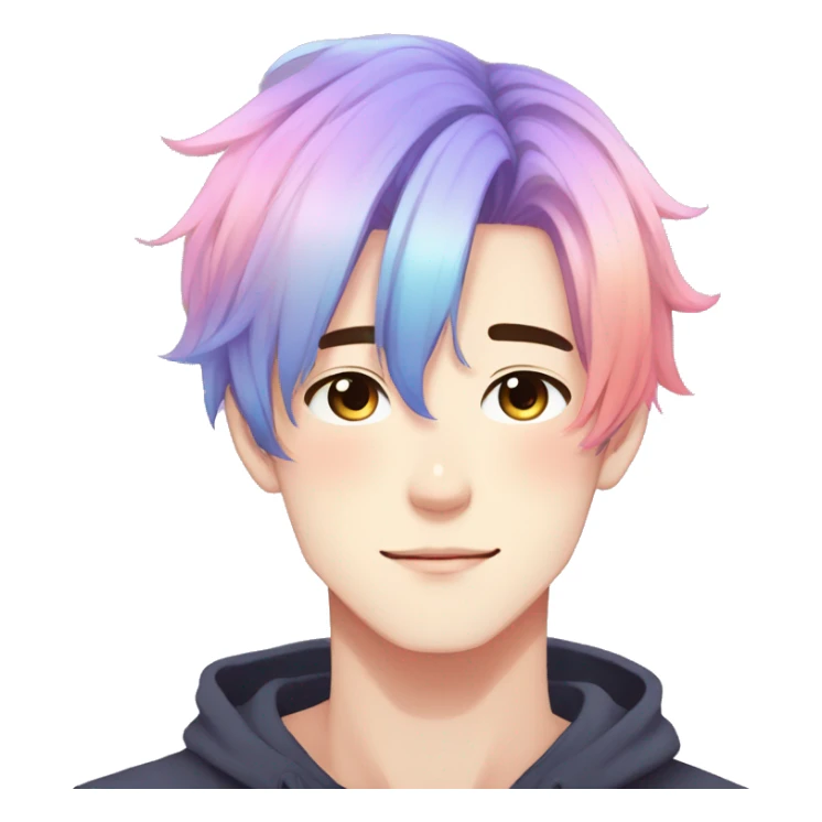 Gorgeous anime style guy with blushing face aesthetic and pretty colorful shiny gradient pastel hair trending style sticker