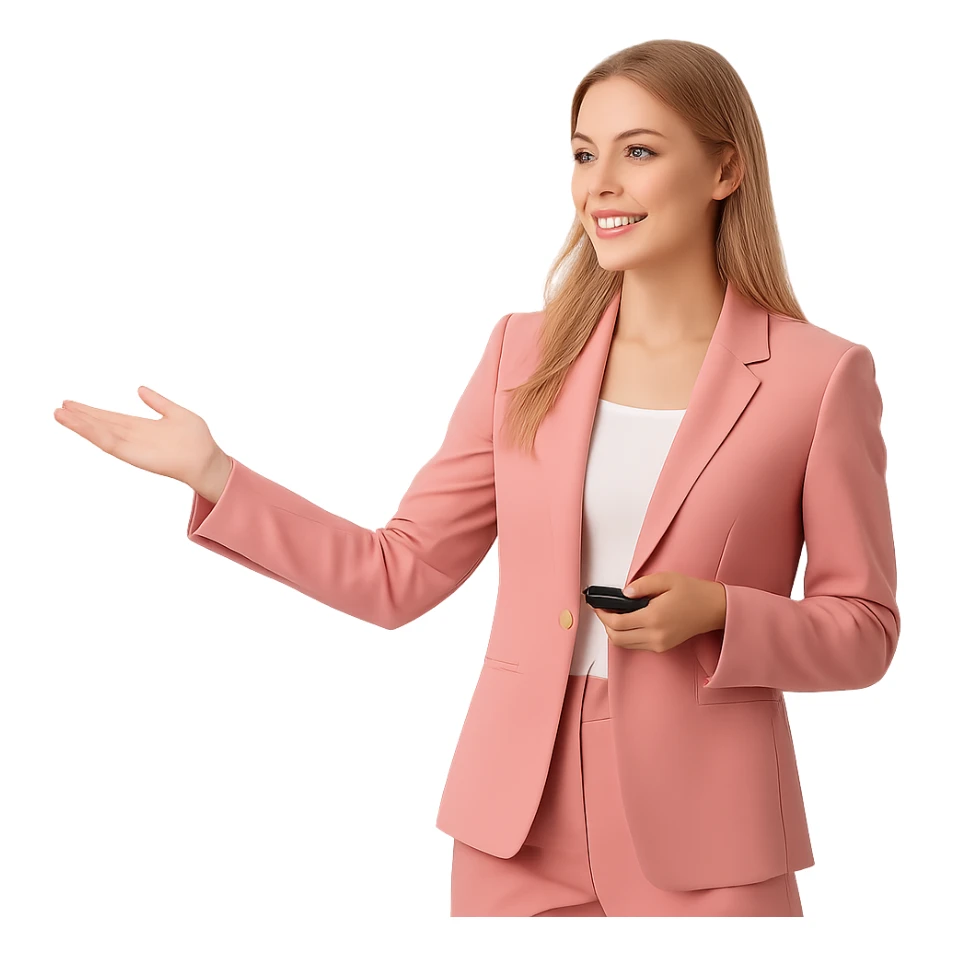 young blonde woman in a pink suit, giving a presentation sticker