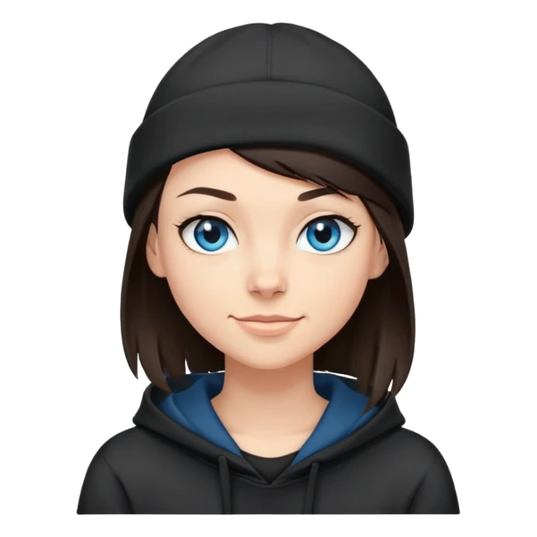brunette with buzzed side hair nd wearing a black beanie that a side bang can be seen under. this girl needs blue eyes and a black hoodie. i want her to be smirking sticker