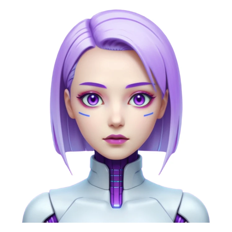 Cyberpunk female android, perfect porcelain skin, glowing artificial eyes, visible faint seams on neck, sleek metallic hair, expressionless, vibrant violet lighting sticker