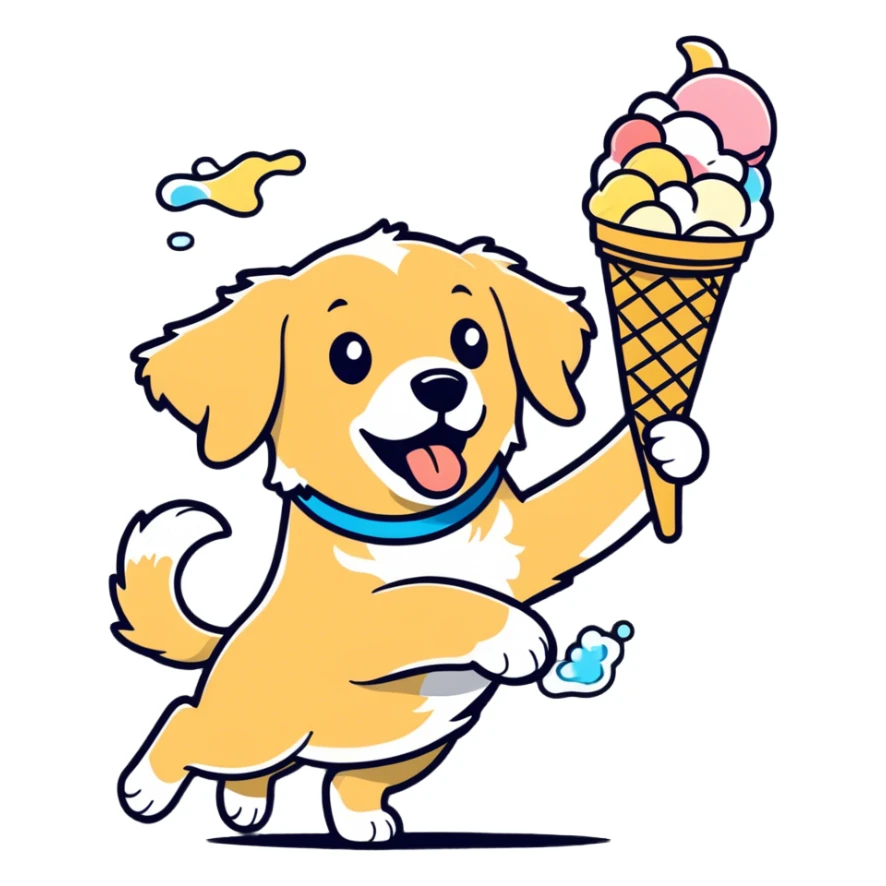A dog with a jug of ice cream flying at it sticker