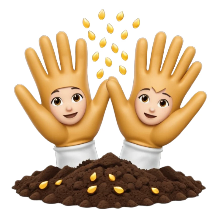 A 3D cartoon pair of gloved hands holding rich dark soil, small bits falling between fingers, bright garden background, soft light, Memoji-style realism. sticker