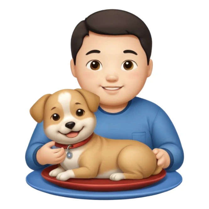 A fat Chinese boy with a dog sitting on his plate  sticker
