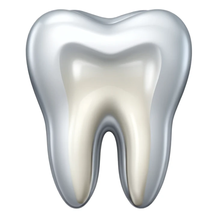 human tooth emoji, smooth chrome ceramic-metal texture, clean medical luxury aesthetic, isolated on white, no face sticker