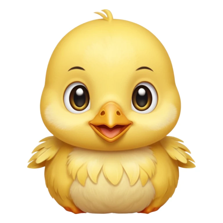 Cute baby chick named Lex, smiling with big shiny eyes, soft yellow feathers, round head, very adorable emoji style sticker