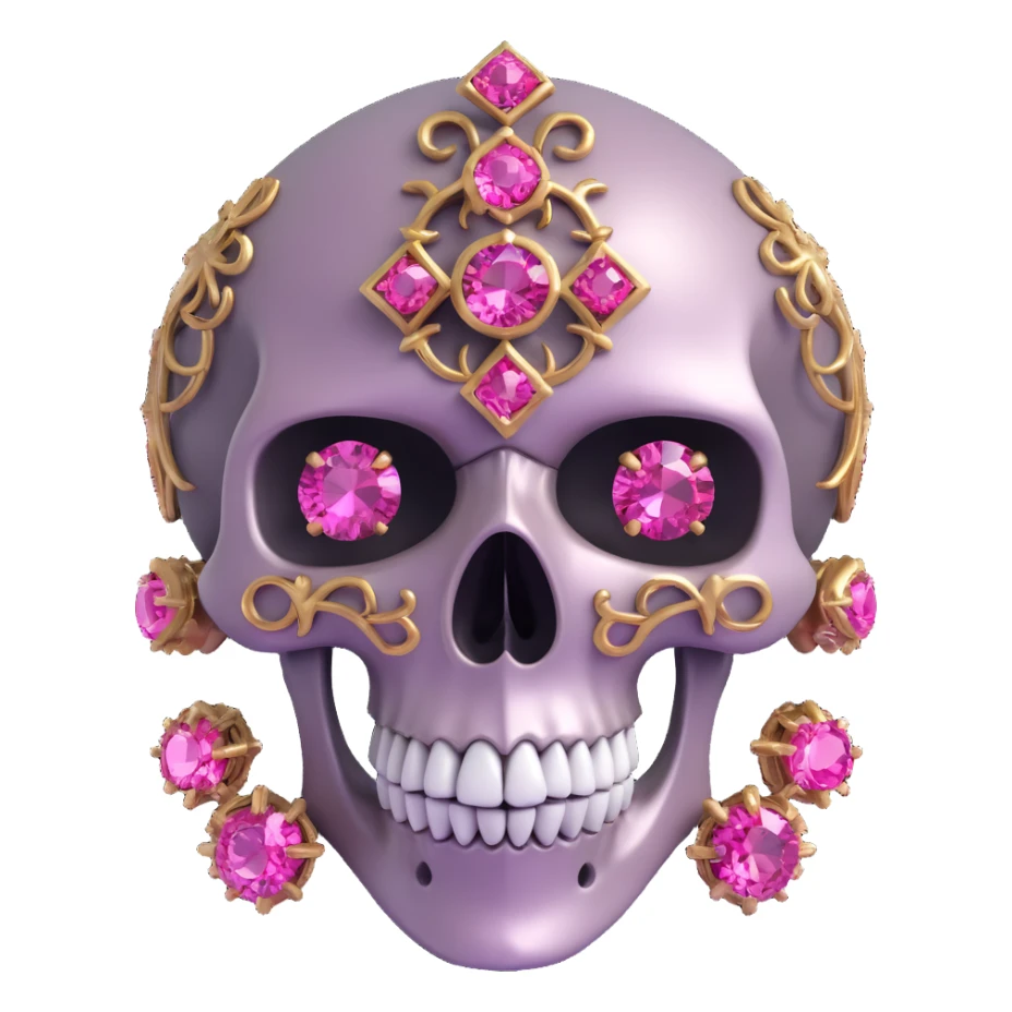 3D gothic skull with pink gemstones, intricate details, metallic finish sticker