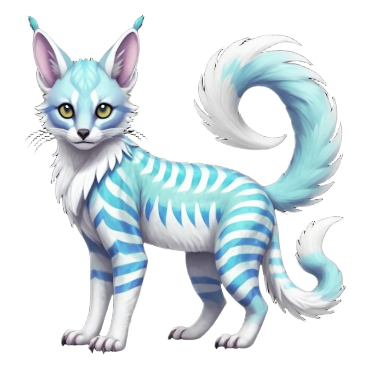 Colorful dark tropical feathery tribal pale light fruity pastel white glorious iridescent divine exotic cute albino neon vibrant spooky evil zigzagged cool beautiful beautiful fantasy-caracal-civet-genet-sergal-vernid-Gryphon-Cacomistle-Trico-oncilla-animal-Fakémon-hybrid-fursona (full body) sticker