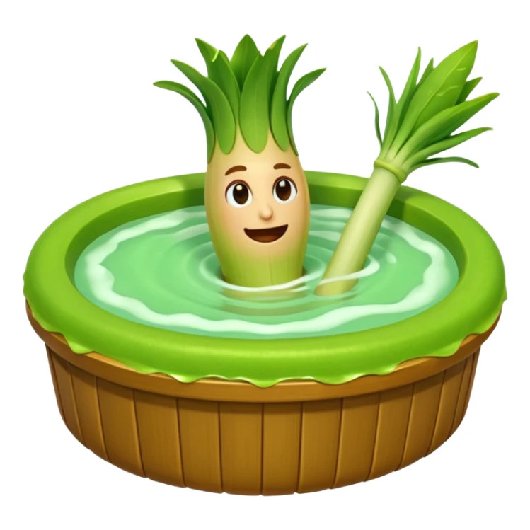 Create a 3D emoji of a relaxed leek in a jacuzzi filled with a slightly lumpy, yellowish-brown sauce sticker