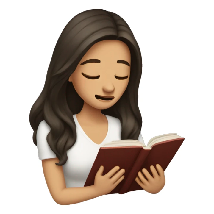 brunette long hair woman crying tears down face while holding and reading book sticker