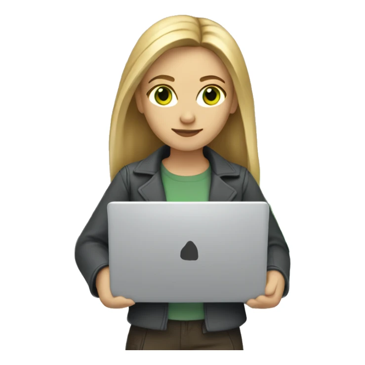 Female coder featuring a laptop. She has long dark blonde hair, green eyes, white skin. sticker