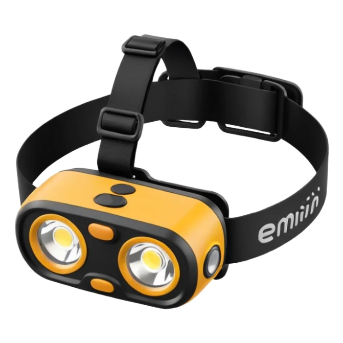 compact modern hiking headlamp emoji inspired by Black Diamond Spot 400R, rounded light, side buttons, minimalist strap sticker
