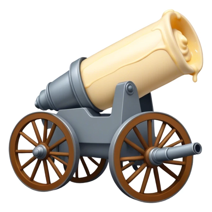 Cannon on wheels that has some mayonnaise dropping out of the front sticker