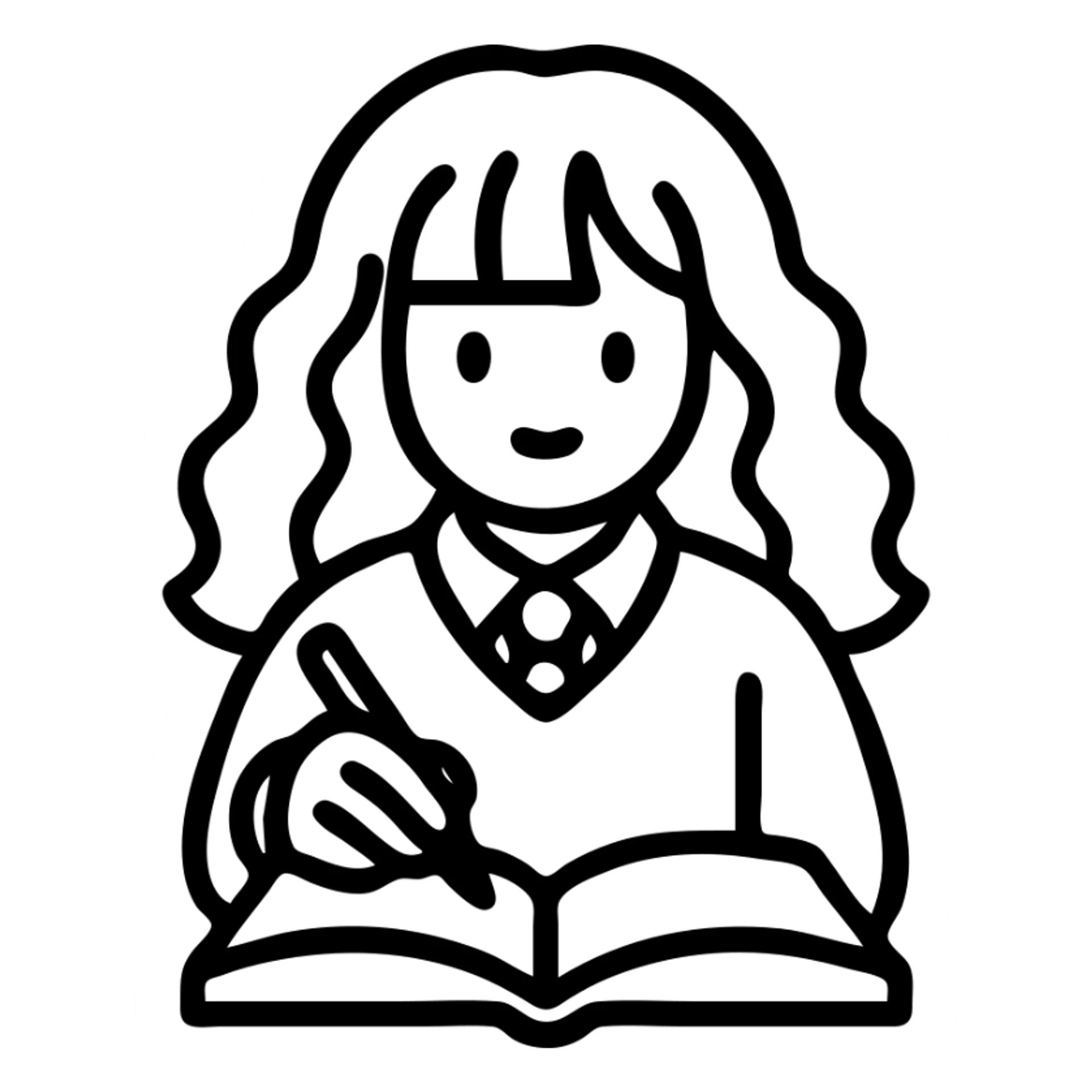 Hermione Granger writing in a notebook, outlined icon style, clean lines, minimal color, recognizable character sticker