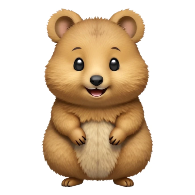 cinematic-realistic quokka-emoji,-small-round-frame-balanced-on-tiny-strong-hind-legs, head tilted in an endearing manner, comical smil, giant-fluffy-cheeks-large-smile-fluffy-brown-fur-radiating-a-warm-softness,-big-round-eyes-filled-with-joy, realisticround  fluffy zoomed in, large black eyes sticker