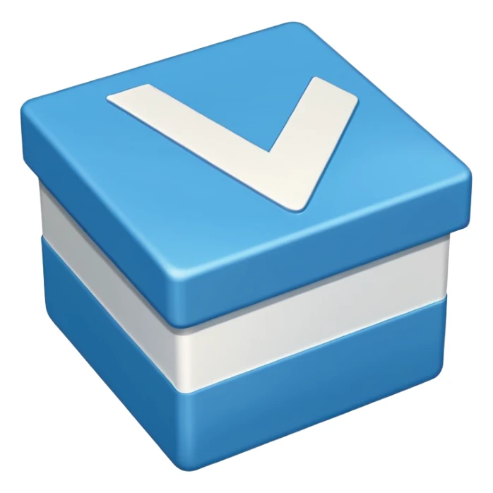 Blue box with a white check mark in the middle of the blue box that is a little bit tilted to the right and its 1 dimensional  sticker