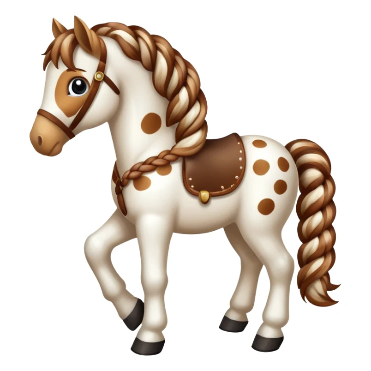 A spotted toy horse with braided mane and friendly expression sticker
