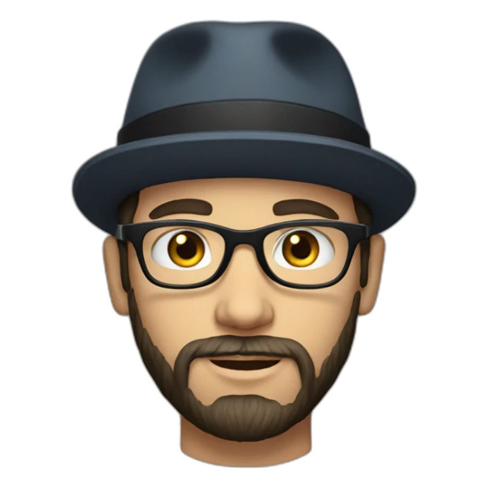 young dark-haired white man with a hat, glasses and beard sticker