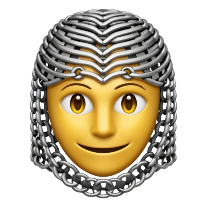 3D render of Medieval Coif, made of interlocking chainmail metal rings, wire mesh texture, visible holes and negative space, metallic silver and grey, high contrast shadows, emoji style, isolated on white background --v 6.0. sticker