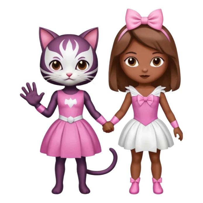 A spider-themed superhero character holding hands with a cute white cat character in a pink dress and a pink bow sticker