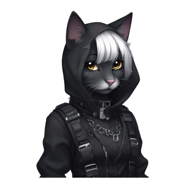 Gorgeous gothic dark techwear anime style anthro cat with blushing face aesthetic and pretty edgy black with collar and harness trending style sticker