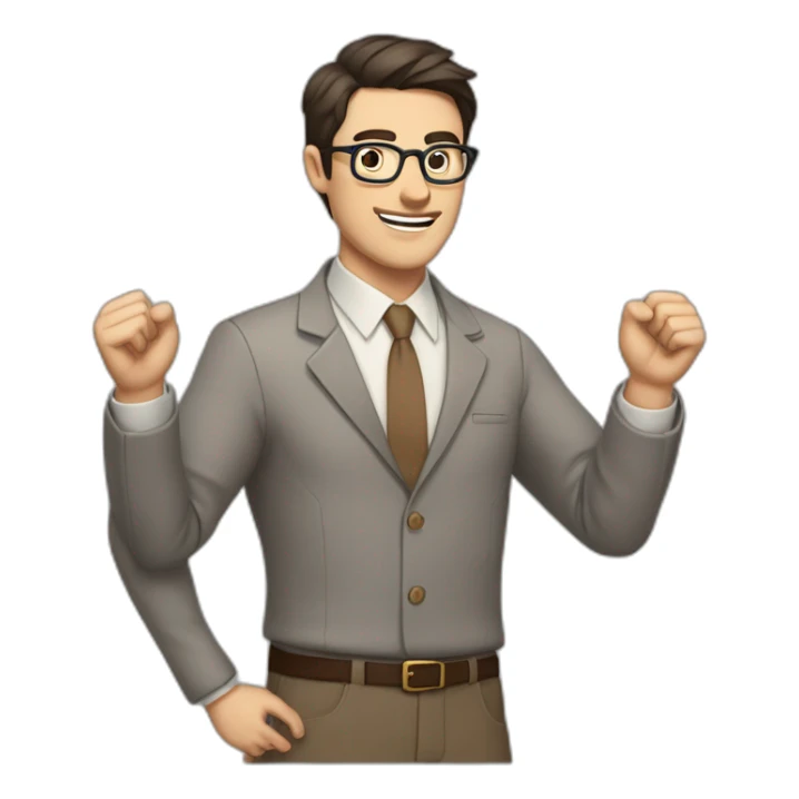 To belt Actively gesturing with hands Okay Pale skinned fit man with dark brown hair in gray jacket, beige office shirt, brown tie, brown pants and vintage glasses. sticker