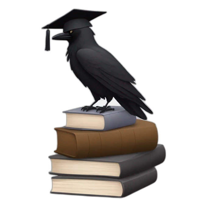 raven in student cap with a stack of gray and brown books sticker