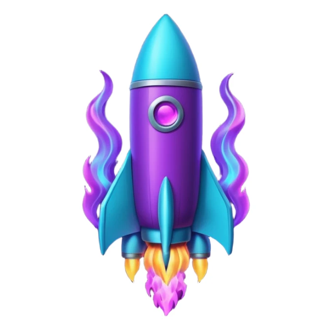 futuristic minimalistic glowing rocket icon, neon purple and cyan flame, dark sci-fi background, 1:1 aspect ratio, no face sticker
