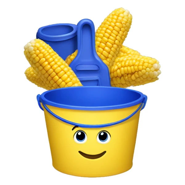 Yellow bucket with royal blue top with the words “corn starch” sticker