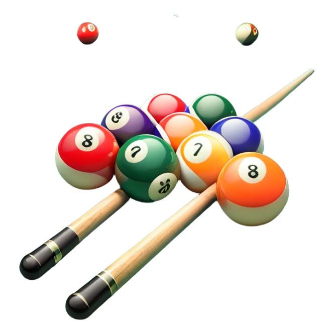 Two crossed pool cues resting on a billiard table, with colorful billiard balls scattered across the surface. The background features the felt of the table, creating an inviting atmosphere for a game of precision and strategy sticker