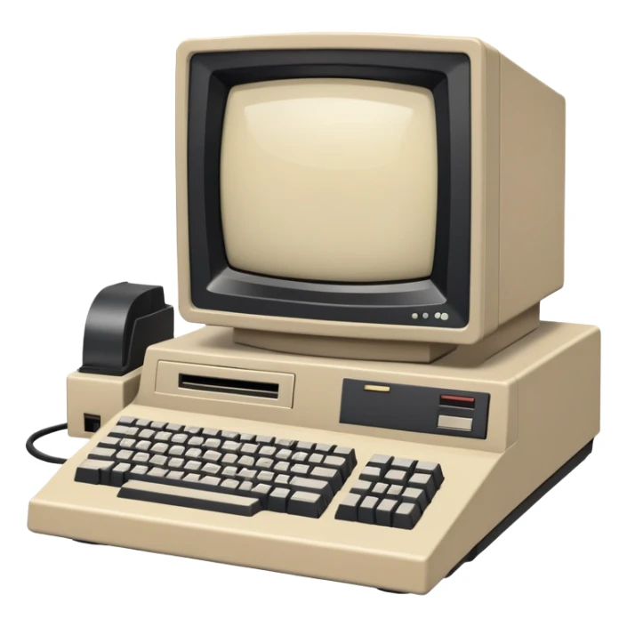 Vintage desktop computer from the 80s, bulky beige monitor with floppy disk drive, separate keyboard, nostalgic tech aesthetic sticker