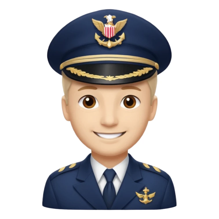 A light-skinned man with brown eyes, smiling while wearing a white captain’s hat with a navy emblem. sticker
