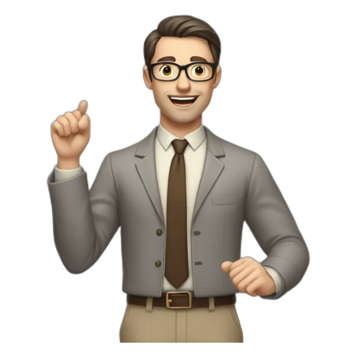 To belt Actively gesturing with hands Pale skinned fit man teacher with dark brown hair in gray jacket, beige office shirt, brown tie, brown pants and vintage glasses. sticker