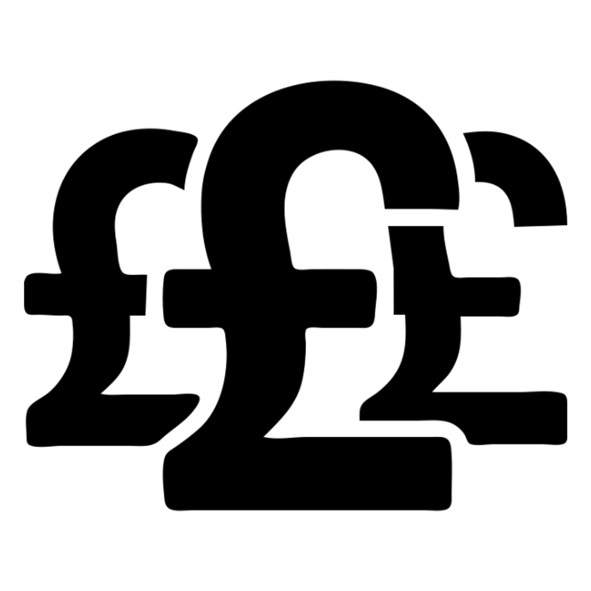 minimal icon with three overlapping pound signs (£), all filled white with black outline, two in the background, one in the foreground, varying sizes, for IT procurement section, white background, solid style sticker