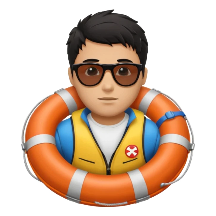 Dark Tan Muscular lifeguard without shirt with messy black hair with sunglasses, with life preserver sticker